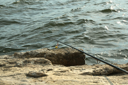 One fishing rod on shore near lake outdoorsの写真素材