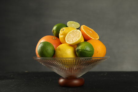 Glass vase with different citrus fruits on black tableの写真素材
