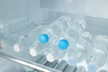 Many bottles of water in refrigerator, closeupの写真素材