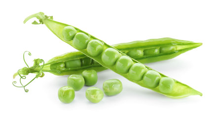 Green fresh peas and pods isolated on whiteの写真素材