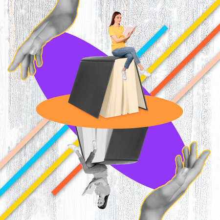 Creative art collage with books, woman and girl's hands on color backgroundの写真素材