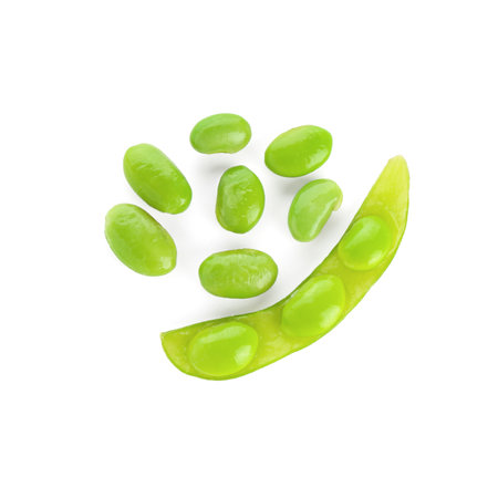 Raw green edamame pod with soybeans isolated on white, top view