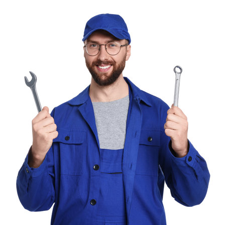 Professional auto mechanic with tools on white backgroundの写真素材