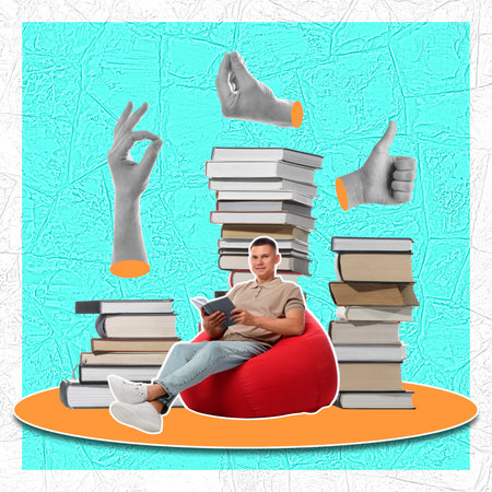 Creative art collage with books, man and people's hands on color backgroundの写真素材