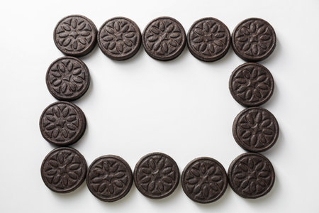 Frame of tasty sandwich cookies on white background, top view. Space for text