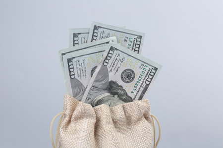 Dollar banknotes in bag against grey background, closeupの写真素材