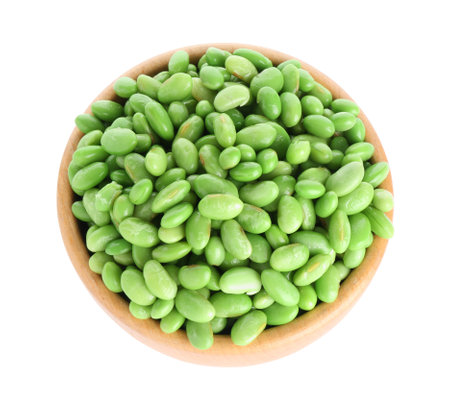 Raw green edamame soybeans in bowl isolated on white, top viewの写真素材