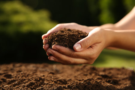 Woman holding pile of soil outdoors, closeup. Space for textの写真素材