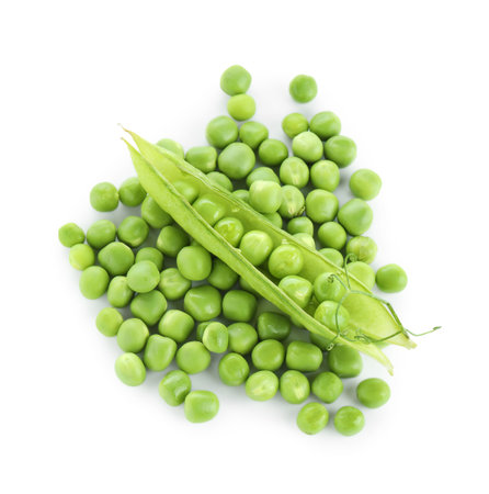 Green fresh peas and pod isolated on white, top viewの写真素材