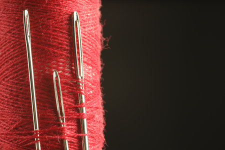 Spool of red sewing thread with needles on black background, closeup. Space for textの写真素材