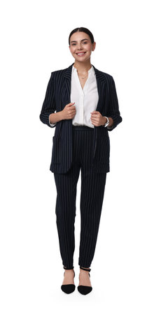 Beautiful woman in black striped suit on white backgroundの写真素材