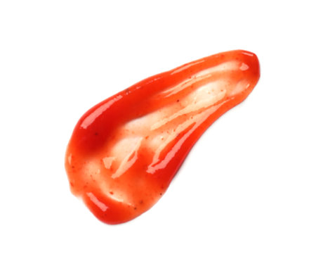 Tasty ketchup isolated on white, top view. Tomato sauceの写真素材