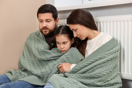Family with blanket warming up near heating radiator at homeの写真素材
