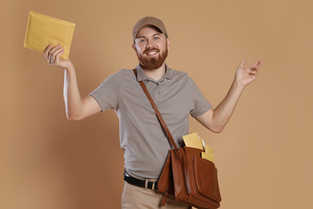 Happy young postman with leather bag delivering letters on brown backgroundの写真素材