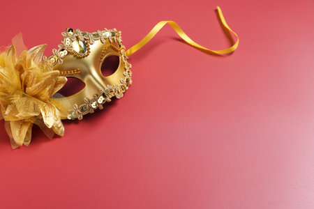 Beautiful carnival mask on red background, space for textの写真素材