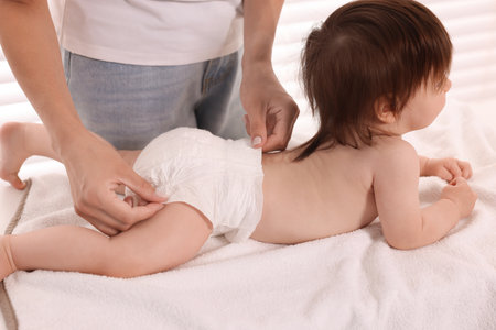 Mother changing her baby's diaper on table at home, closeupの写真素材