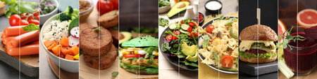 Assortment of vegetarian foods, collage. Banner designの写真素材