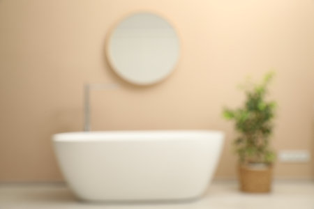 Blurred view of bathtub, houseplant and mirror in stylish bathroom
