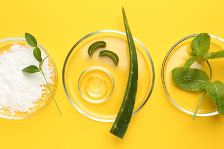 Petri dishes with green leaves and cosmetic products on yellow background, flat layの写真素材