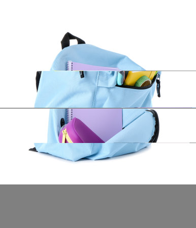 Backpack with different school stationery isolated on white