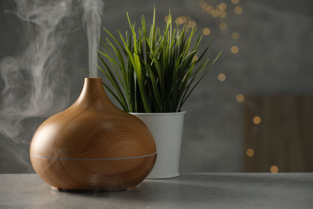 Aroma oil diffuser and plant on light gray table, space for text