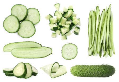 Fresh cucumbers isolated on white, collage. Different types of cutsの写真素材