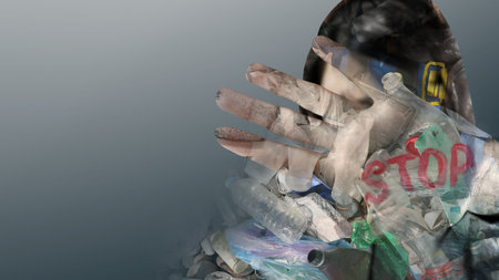 Woman showing stop gesture on grey gradient background, double exposure with pile of different...