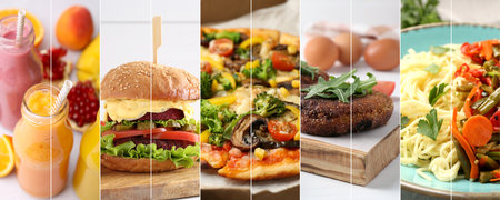 Assortment of vegetarian foods, collage. Banner design