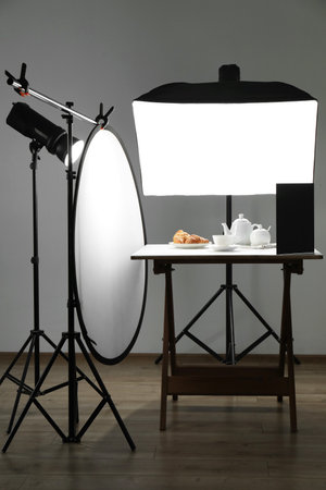 Shooting food in photo studio with professional lighting equipmentの写真素材