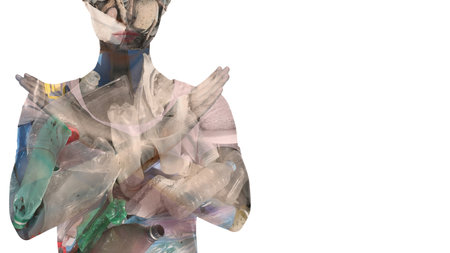 Woman showing stop gesture on white background, double exposure with pile of different garbage....