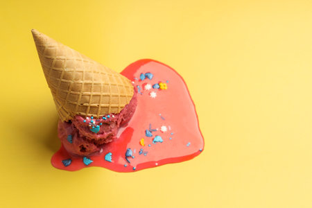 Melted ice cream in wafer cone on yellow background. Space for textの写真素材
