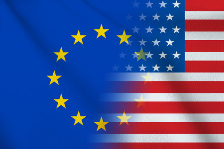 Flags of European Union and USA, double exposureの写真素材