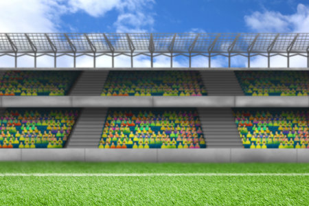 Football stadium with green grass and seat under skyの写真素材