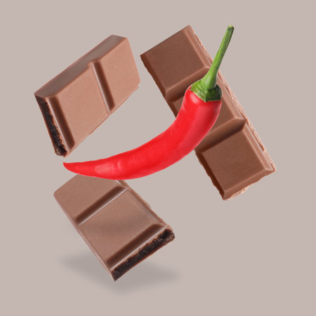Pieces of chocolate and chili pepper in air on gray backgroundの写真素材
