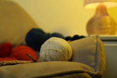 Knitting material. Skeins of soft yarn and crochet hook on sofa indoorsの写真素材