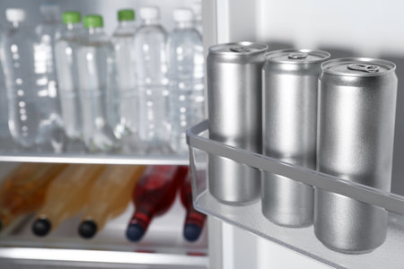 Many different cold drinks in the refrigerator, closeupの写真素材