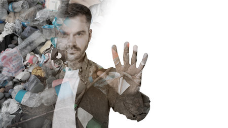 Man showing stop gesture on white background, double exposure with pile of different garbage....