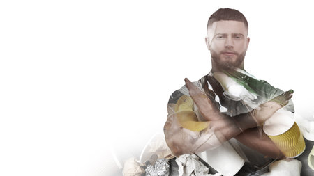 Man showing stop gesture on white background, double exposure with pile of different garbage....