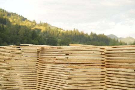 Stacks of many wooden planks in mountains