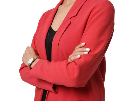 Beautiful woman in red jacket on white background, closeupの写真素材
