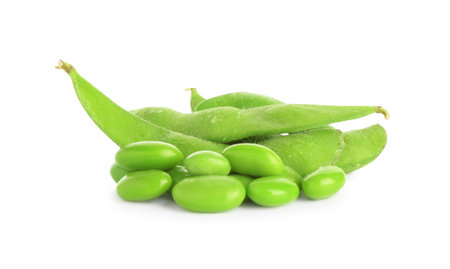 Raw green edamame soybeans and pods isolated on whiteの写真素材