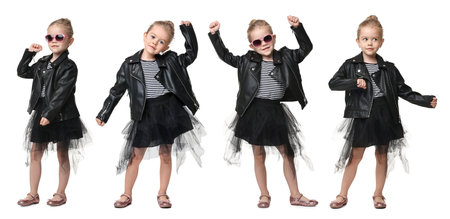 Child dancing on white background, collage of portraitsの写真素材