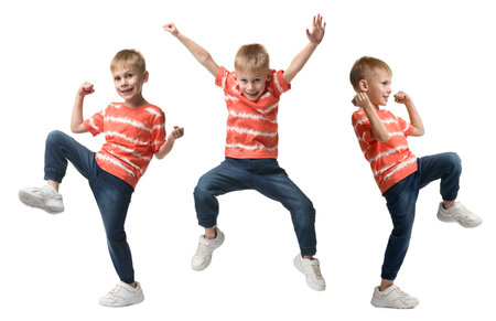 Child dancing on white background, collage of portraitsの写真素材