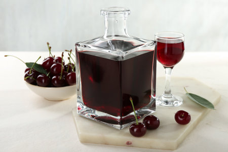 Delicious cherry liqueur and berries on white tableの写真素材