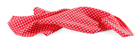 Red checkered picnic tablecloth isolated on whiteの写真素材