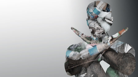 Man showing stop gesture on gray gradient background, double exposure with pile of different...