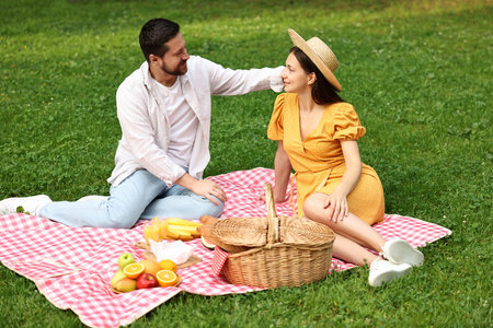 Lovely couple spending time together on picnic blanket outdoorsの写真素材