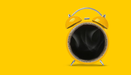 Bright alarm clock with coffee instead of dial on yellow background, banner design. Space for text
