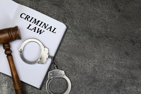 Book Criminal Law, judge's gavel and handcuffs on gray table, flat layの写真素材