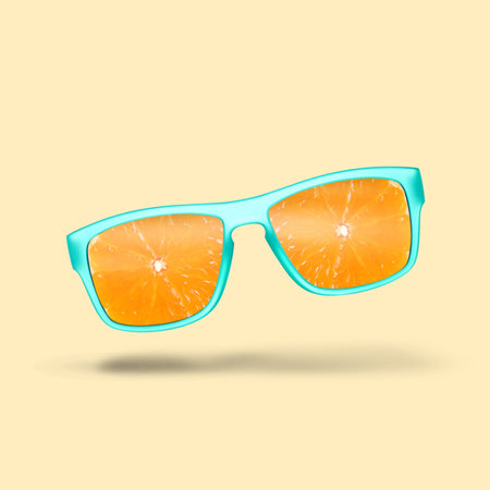 Sunglasses with juicy orange in air on beige background. summer vibe
